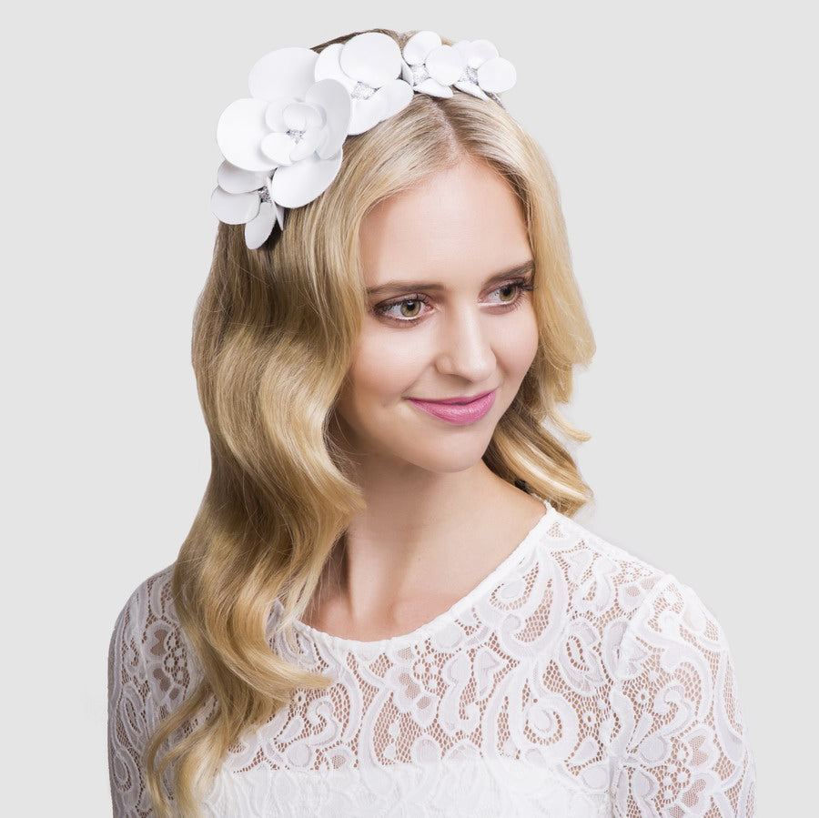 Clover White Floral Leather - Headband *Made To Order* 4 Weeks